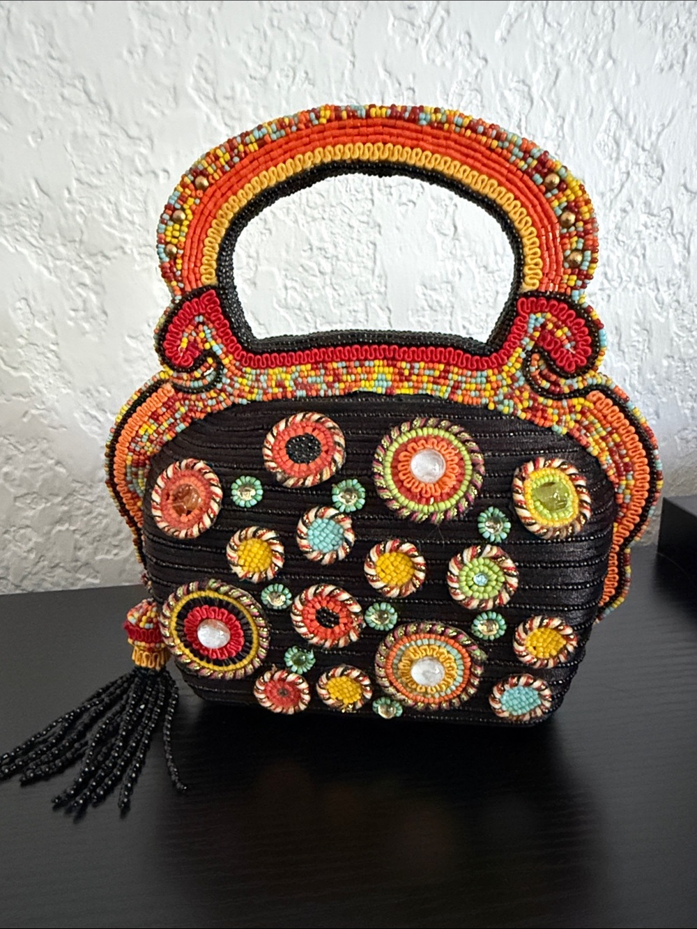 MARY FRANCES Beaded Black Handbag with Multicolor Floral Accents